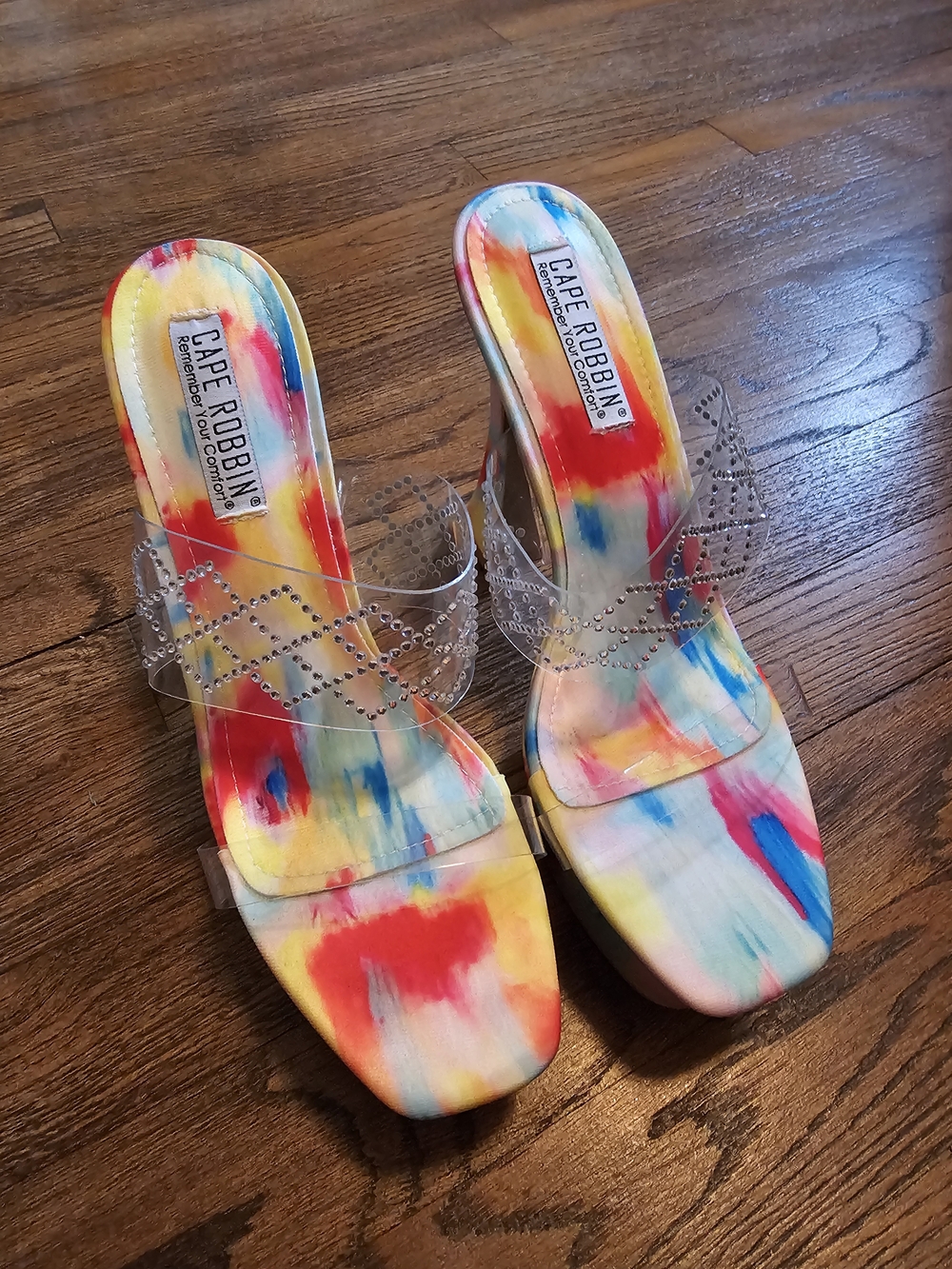 Cape Robbin Multicolor Tie-Dye Heels with Clear Crystal Straps